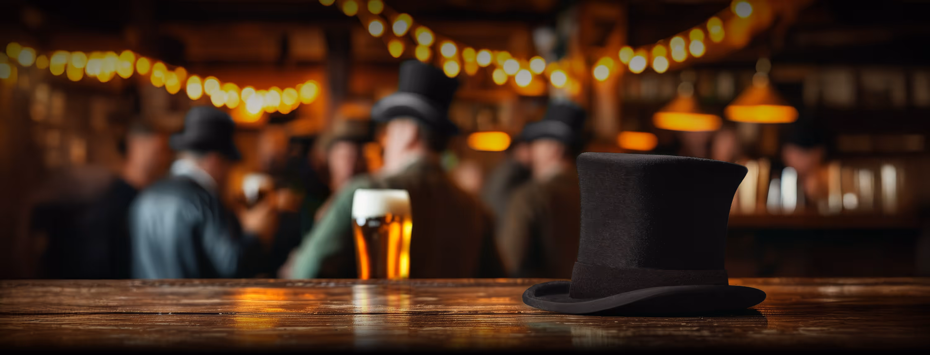 Stilleven van een hoge zwarte hoed op de bar met in de achtergrond oude heren met hoeden die converseren.