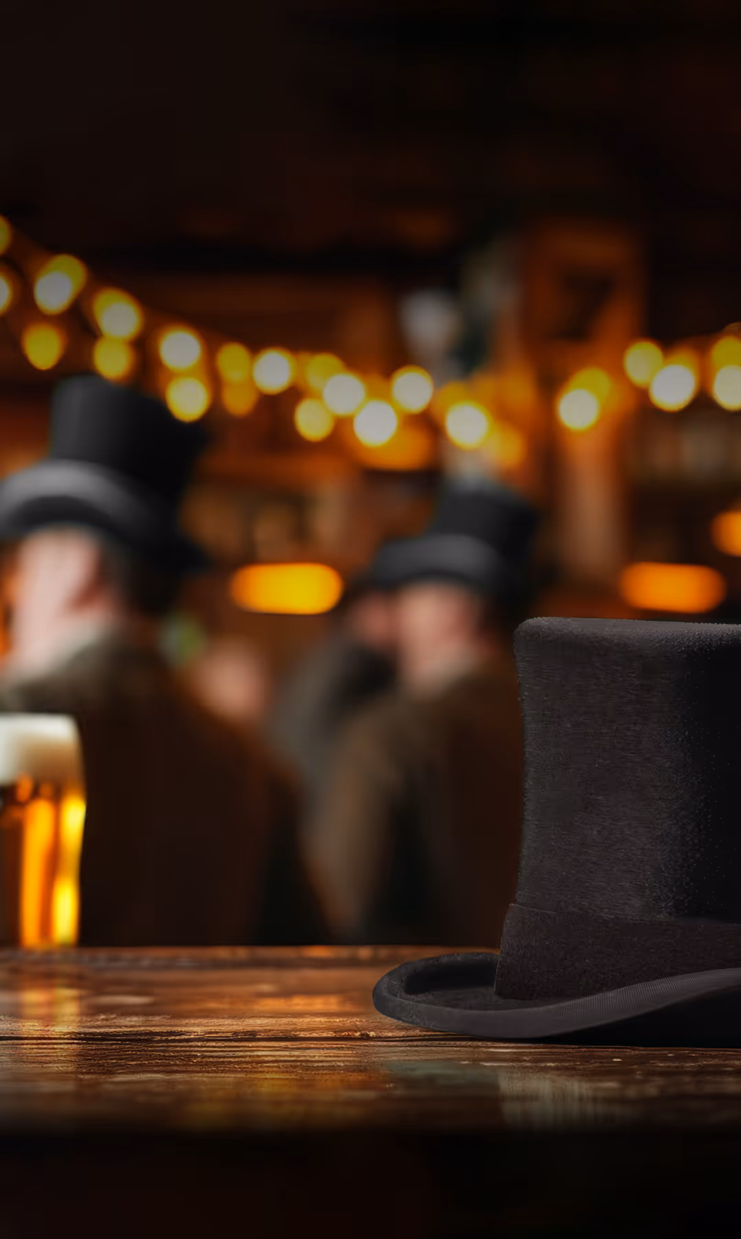 Stilleven van een hoge zwarte hoed op de bar met in de achtergrond oude heren met hoeden die converseren.