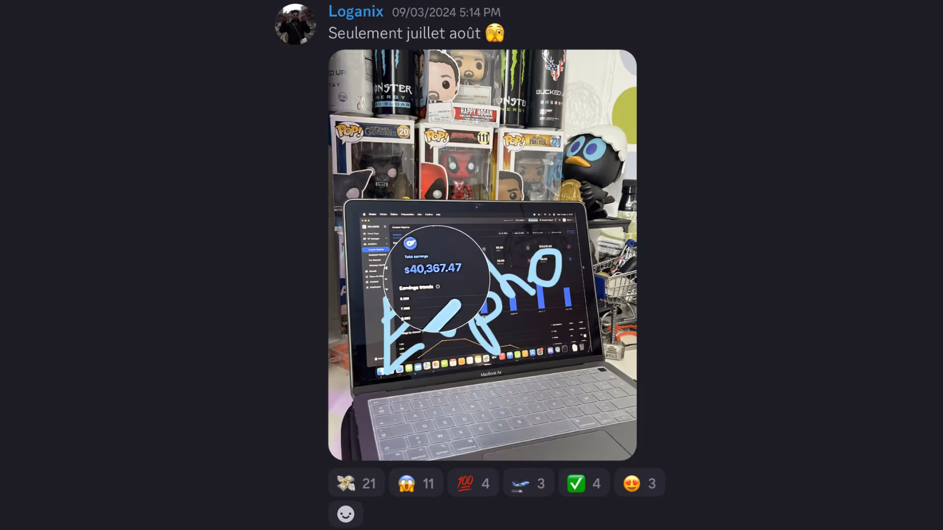 Screenshot of a Discord message from Loganix showing a laptop screen with a total earnings of $40,367.47, with funko pop figures and monster energy drinks in the background.