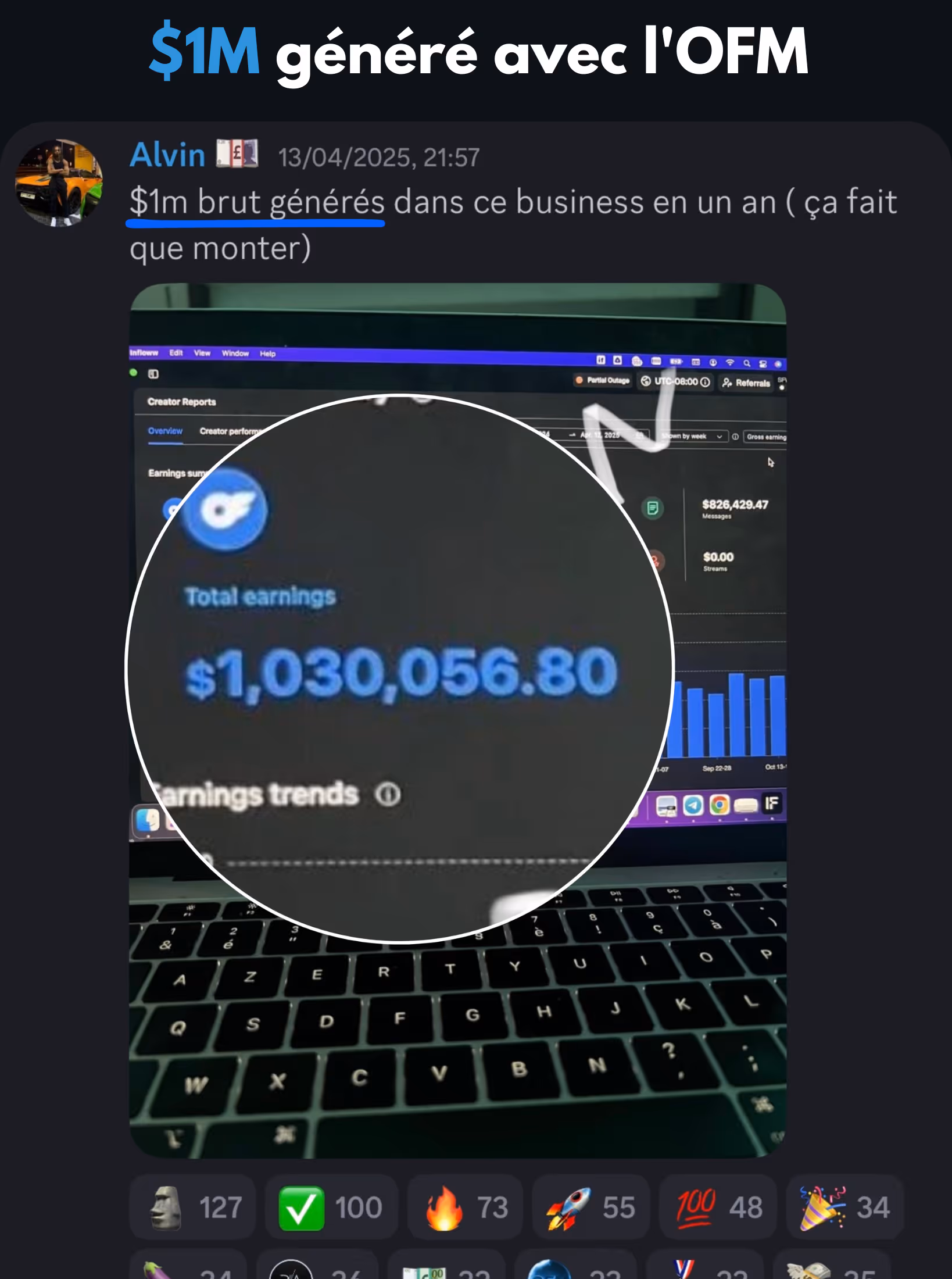 Screenshot of a message reporting over $1 million gross earnings in one year with a blurred laptop screen showing total earnings of $1,030,056.80.