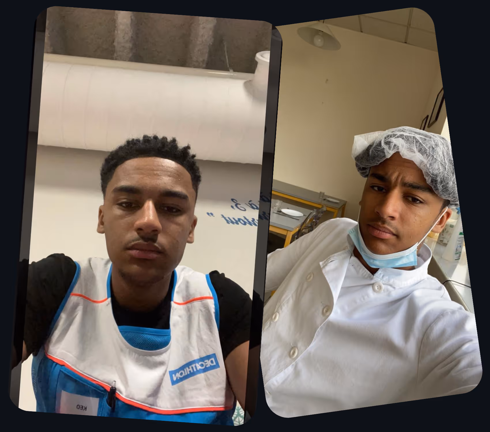 Side-by-side selfies of a young man, one in a Decathlon work vest and the other in a white chef coat with a hairnet and face mask.