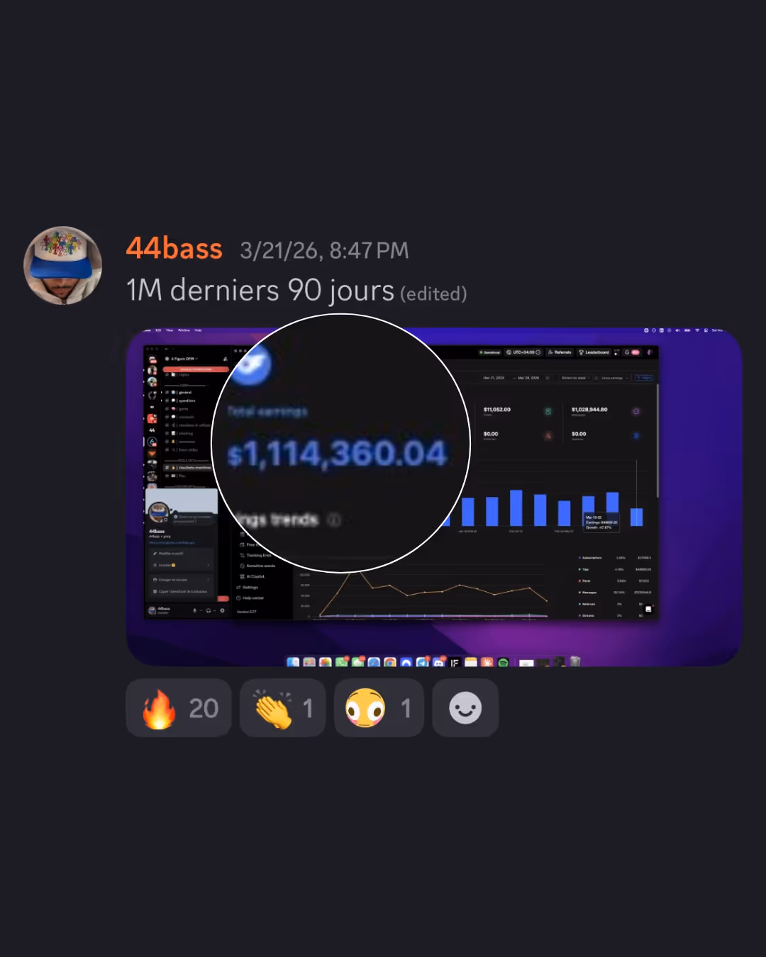Discord message from user 44bass dated 3/21/26 showing a screenshot of earnings dashboard with total earnings of $1,114,360.04 and several reaction emojis below the message.