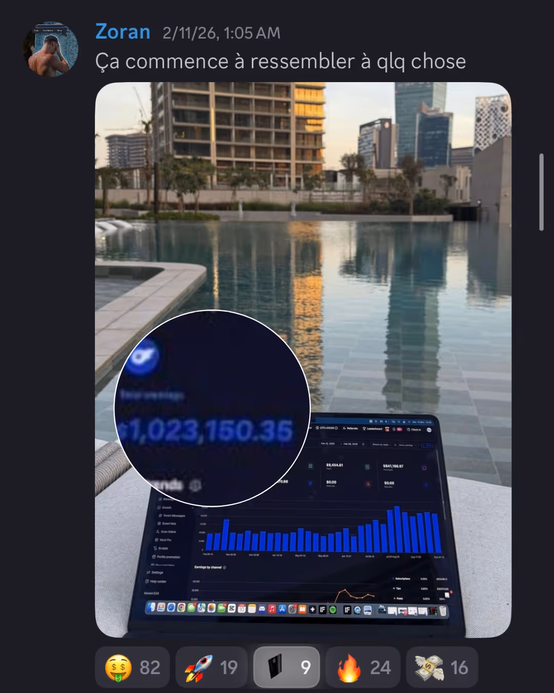 Laptop displaying financial data with a bar graph and total earnings over one million USD, set near a pool with modern buildings reflected in the water.