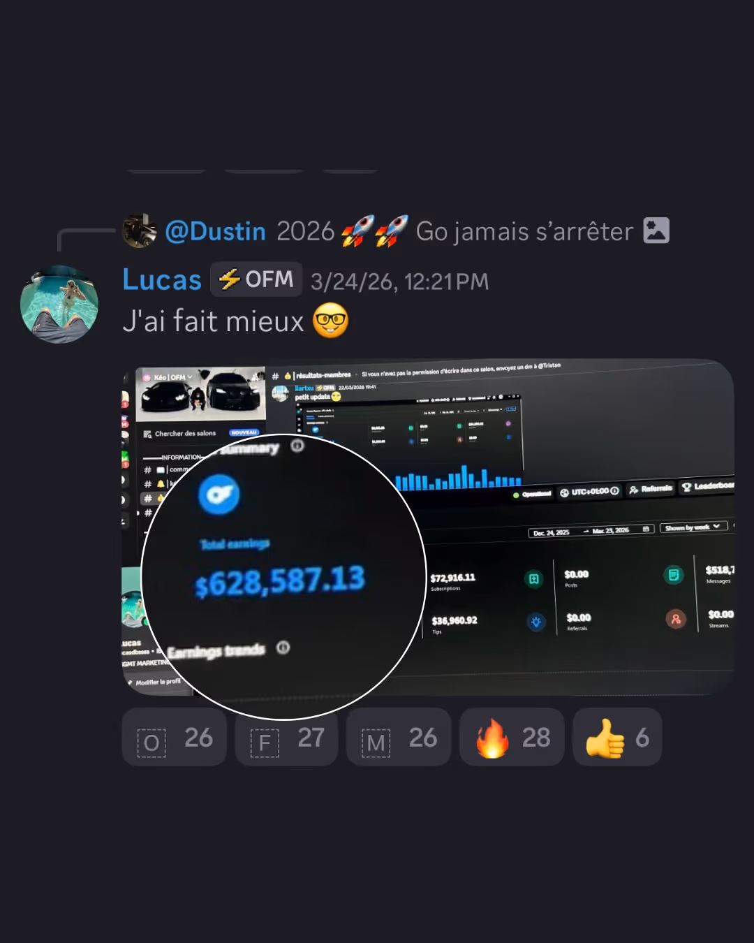 Screenshot of a Discord chat where a user named Lucas shares an image of earnings dashboard showing total earnings of $628,587.13 with various income categories listed.