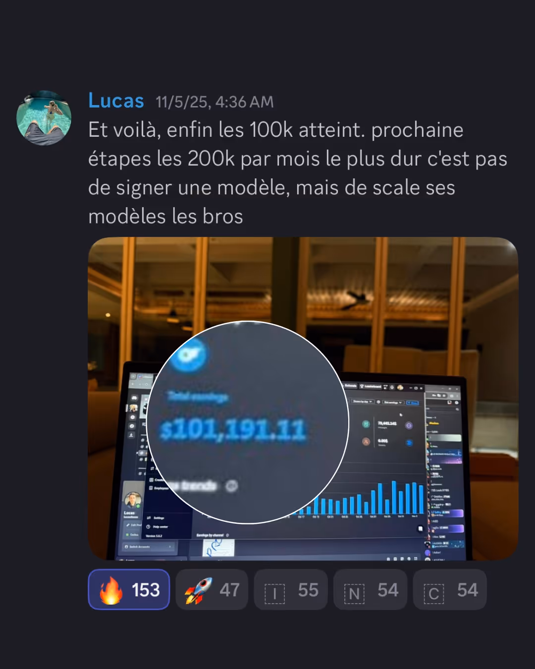 Screenshot of a social media post by Lucas celebrating reaching $101,191.11 in total earnings, with engagement icons below showing 153 flames, 47 rockets, 55 T's, 54 N's, and 54 C's.