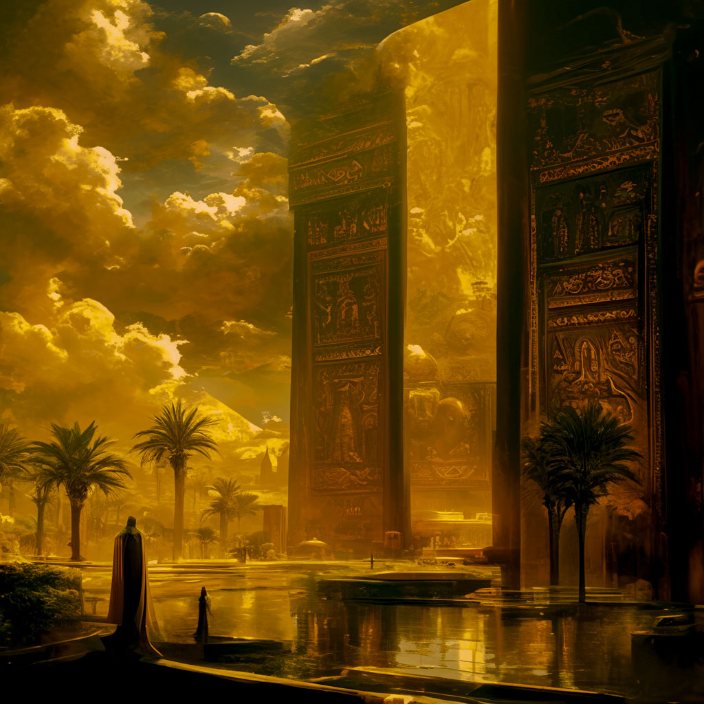 Golden-hued ancient city scene with towering ornately carved pillars, palm trees, reflective water, and cloaked figures.