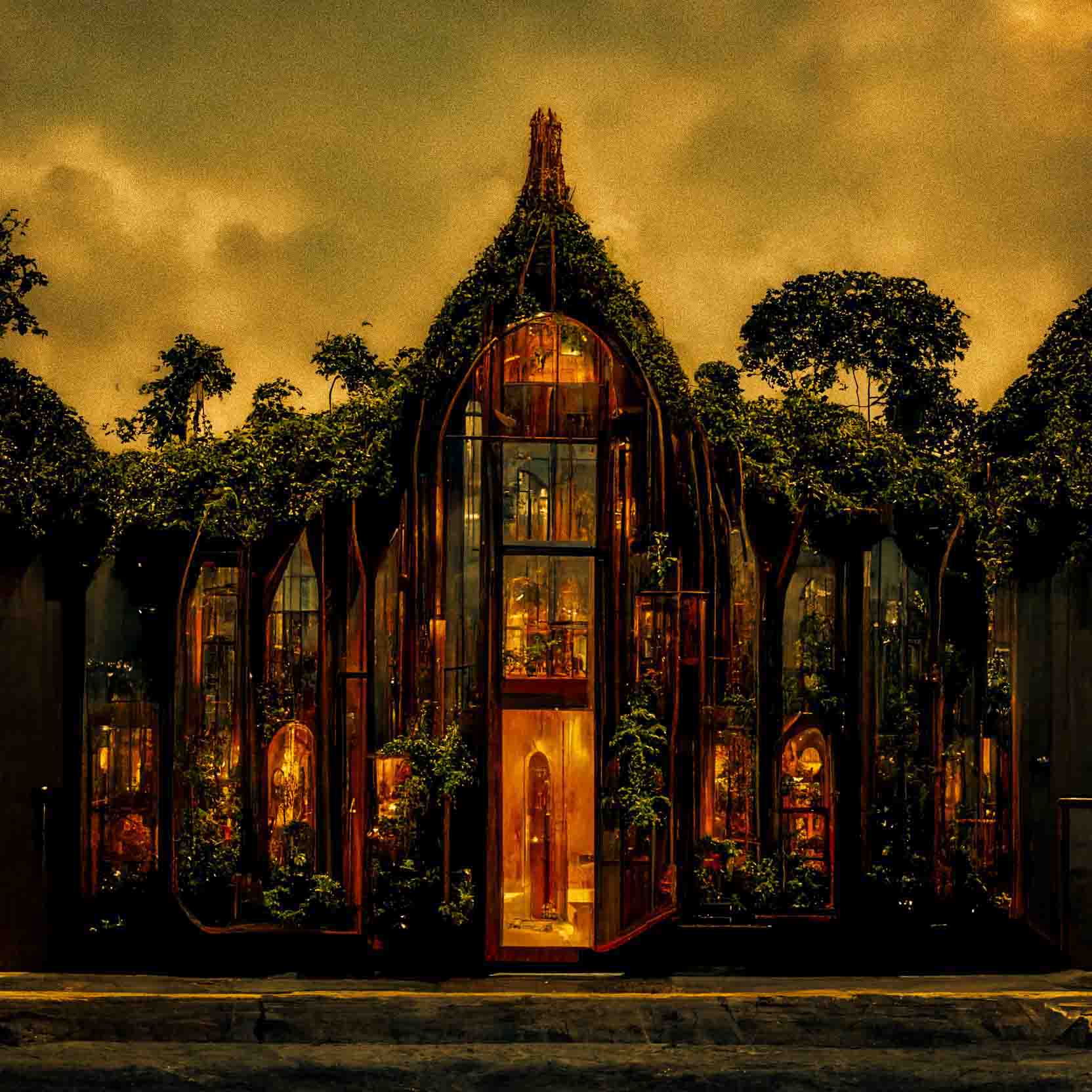 A warmly lit building with tall arched glass windows framed by intertwining wooden structures and greenery under a cloudy sky.