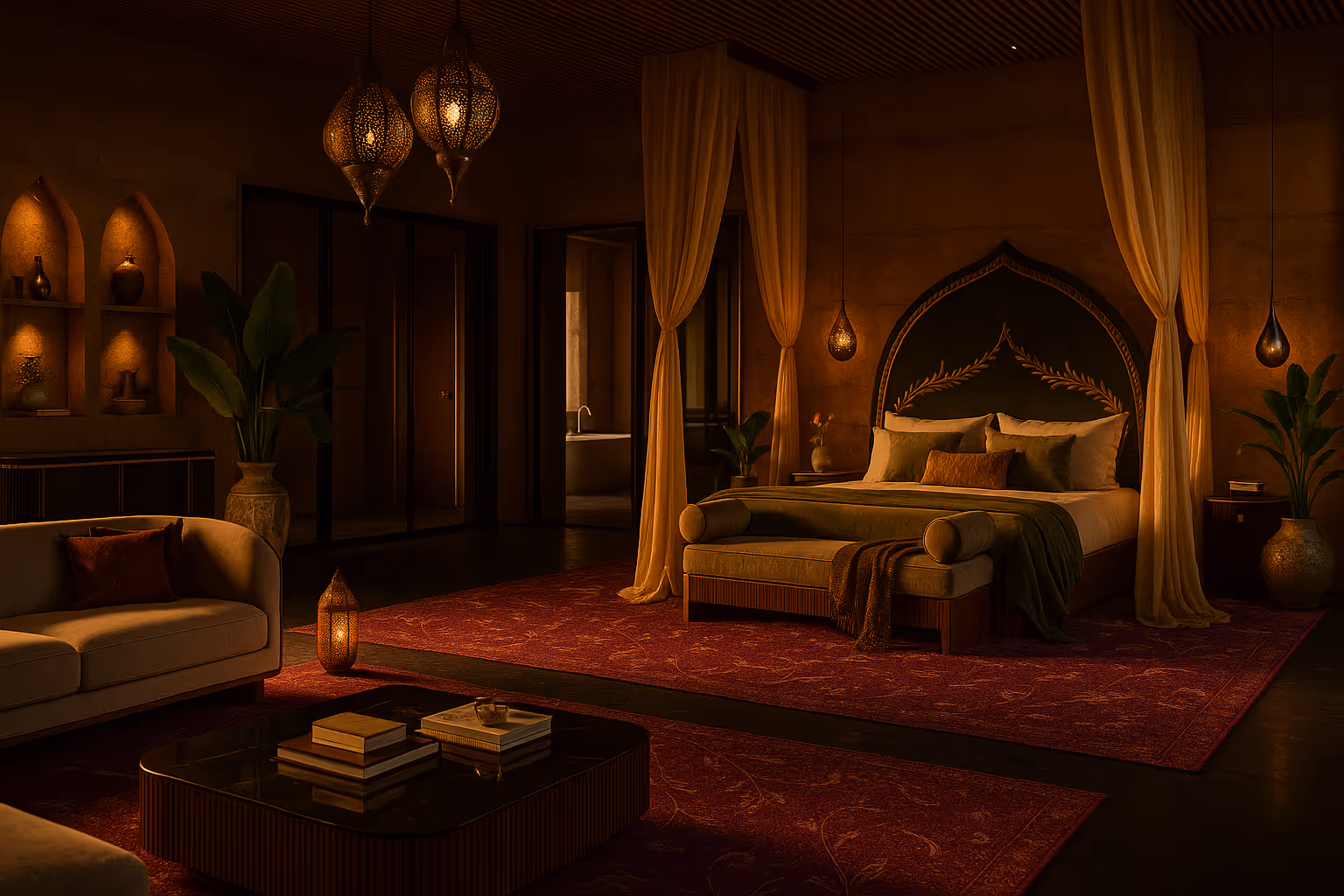 Luxurious bedroom with ornate dark headboard, green and beige bedding, yellow draped curtains, warm hanging lamps, red patterned carpet, and cozy seating area.