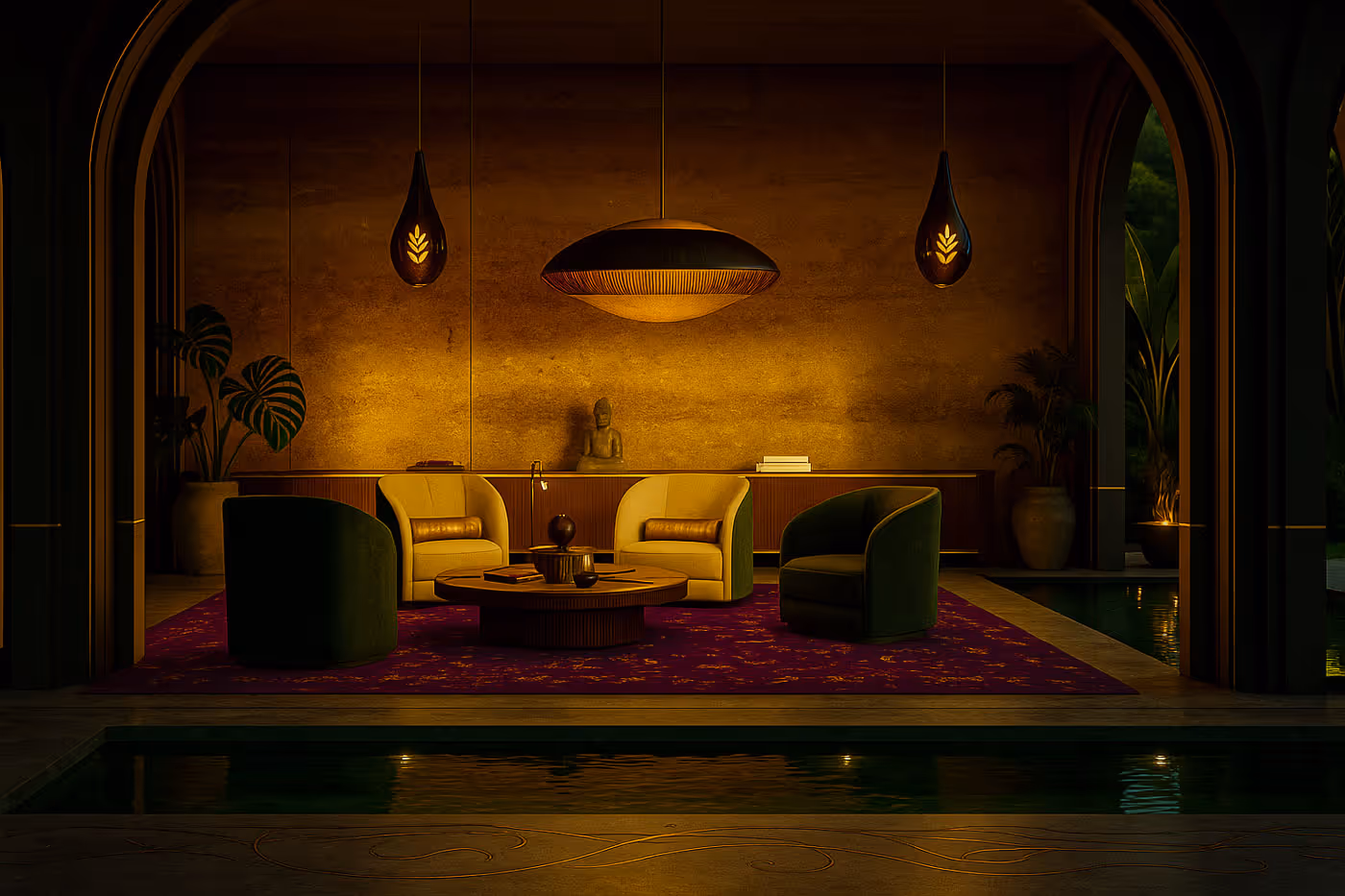 Cozy seating area with two yellow and two dark green armchairs around a round wooden table on a red patterned rug, illuminated by warm hanging lights.