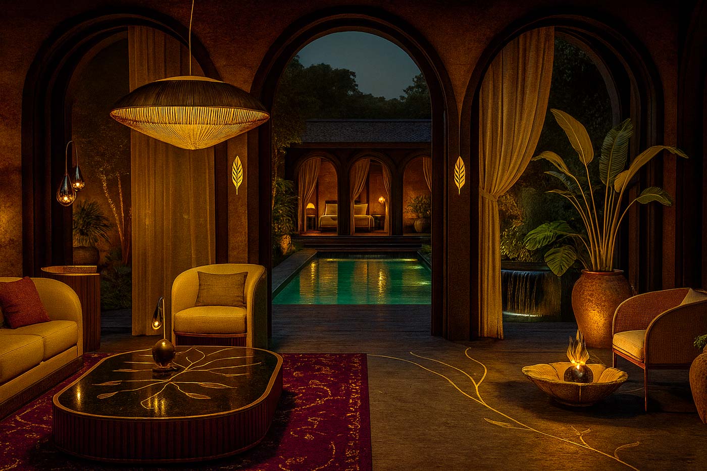 Warmly lit luxurious indoor seating area with yellow armchairs, a decorative table, and arched openings overlooking a pool and softly lit bedrooms.