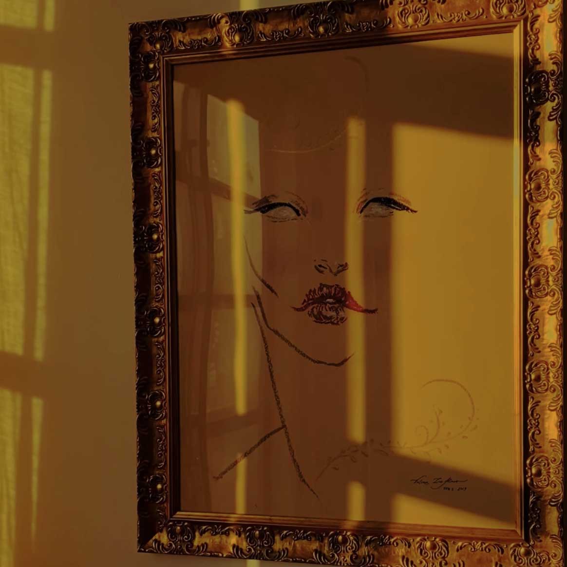 Framed minimalistic line drawing of a face with closed eyes and red lips, illuminated by yellow window shadows.