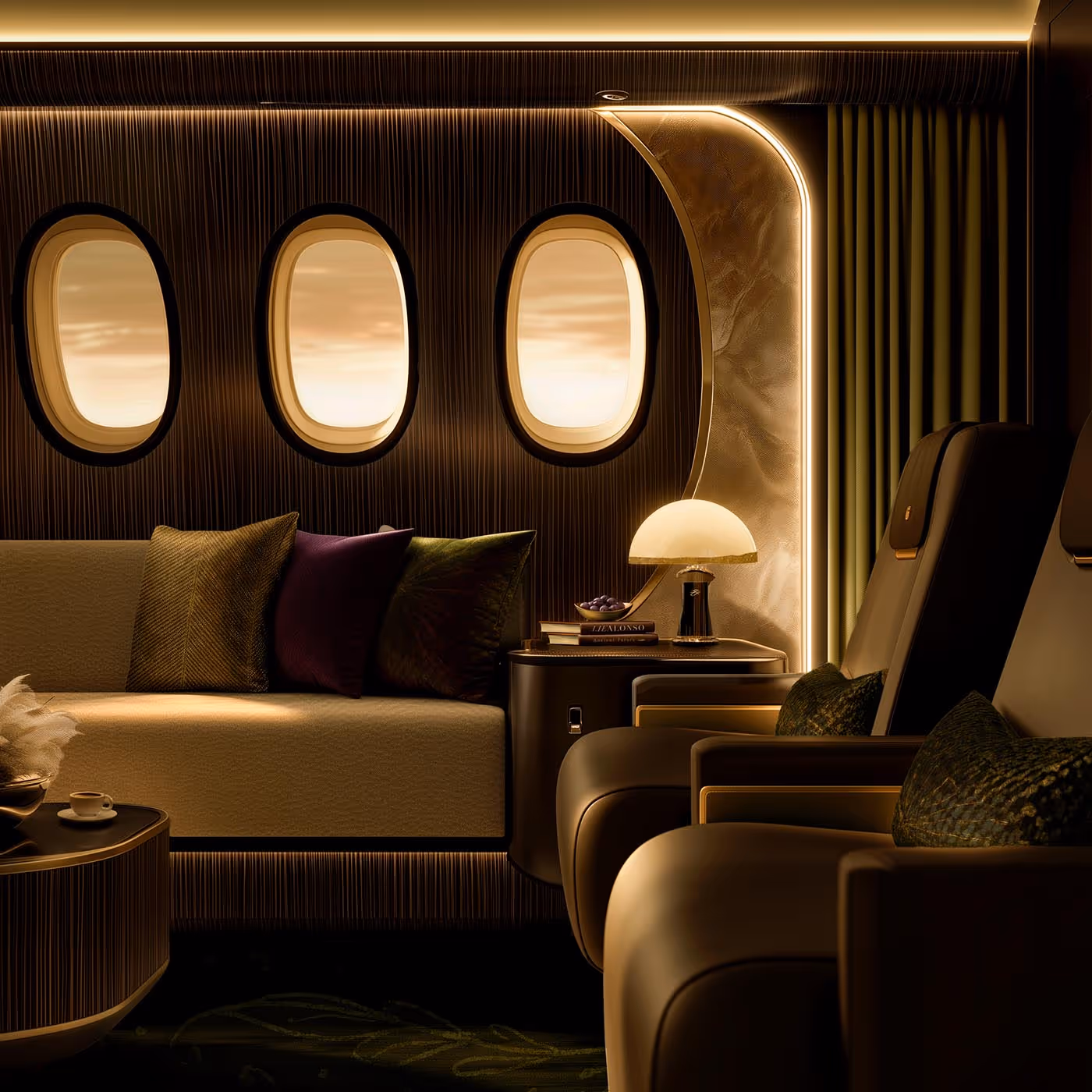 Luxurious airplane interior with beige sofa, three oval windows, dark green and purple pillows, two leather armchairs, and warm ambient lighting.