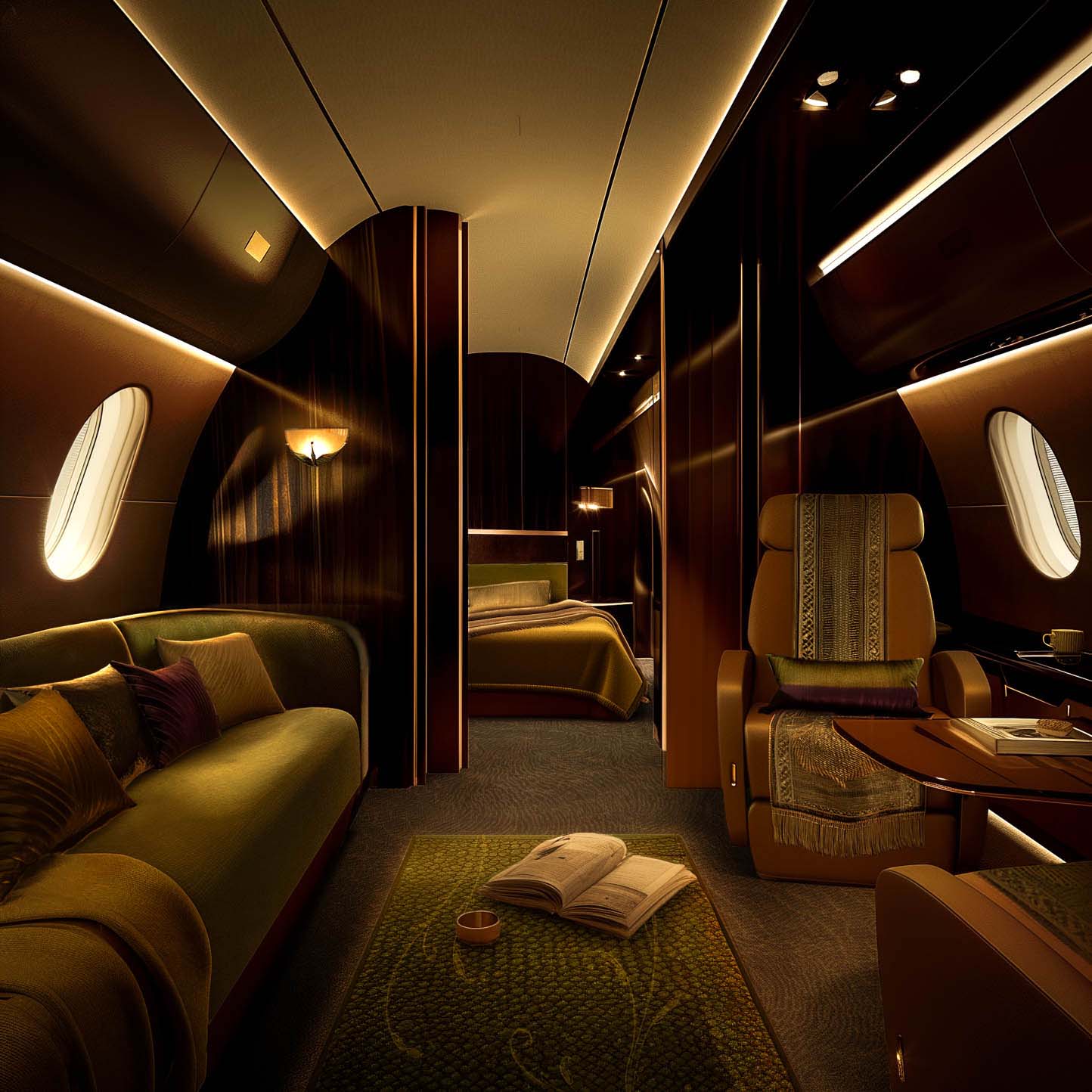 Luxuriously furnished private jet interior featuring a green velvet sofa, leather armchairs, and a visible bedroom in the background.