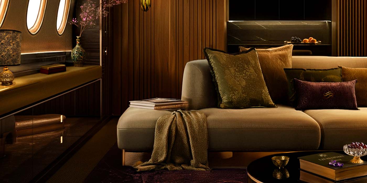 Interior of a luxury private jet featuring a beige sofa with decorative pillows, a throw blanket, books, a side table with a lamp, and elegant wood paneling.