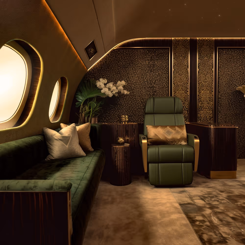 Luxurious airplane cabin with green velvet sofa, leather armchair, intricate gold-accented wall panels, and decorative plants.