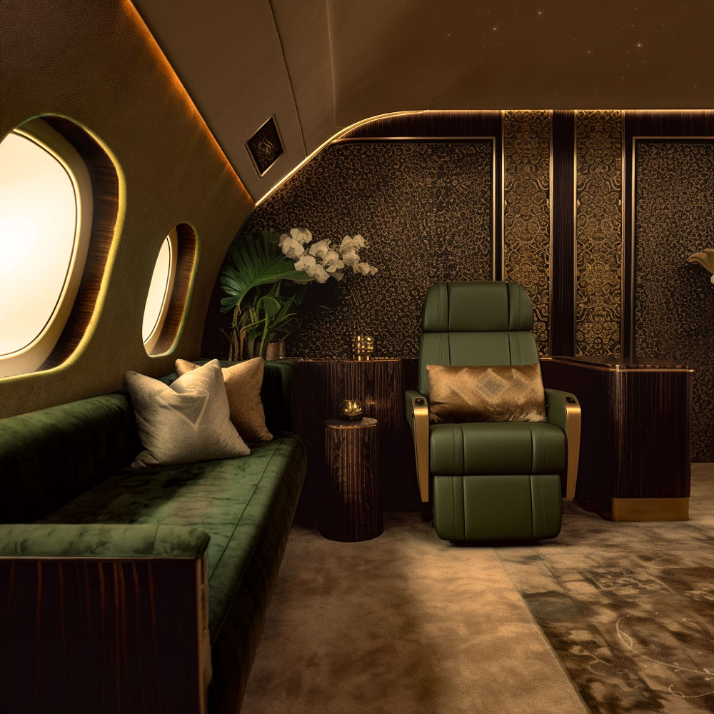 Luxurious airplane cabin with green velvet sofa, leather armchair, intricate gold-accented wall panels, and decorative plants.