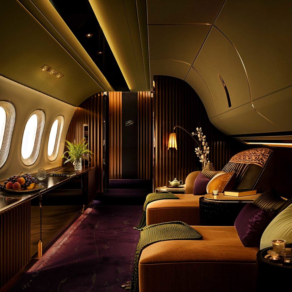 Luxurious airplane cabin with plush beige lounge chairs, decorative pillows, ambient lighting, and a table with fruit and plants under oval windows.
