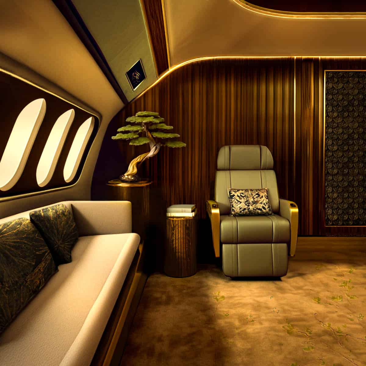 Luxurious private jet interior with a beige sofa, leather armchair, bonsai tree, and warm wood paneling.