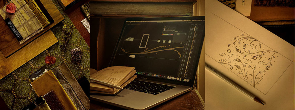 Workspace with a laptop showing aircraft design software, an open notebook, decorative notebooks, and a sketch of floral patterns with a pencil.