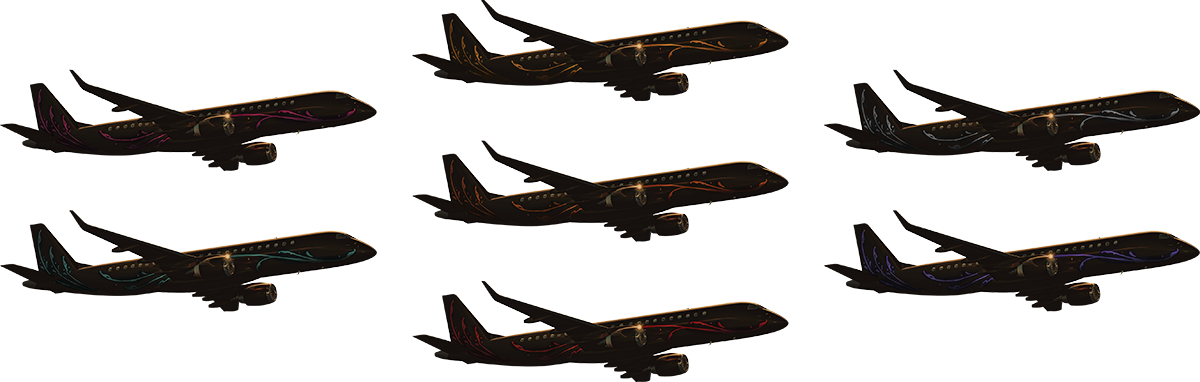 Seven black commercial airplanes with colorful, swirling designs on their tails and bodies arranged in two rows on a white background.