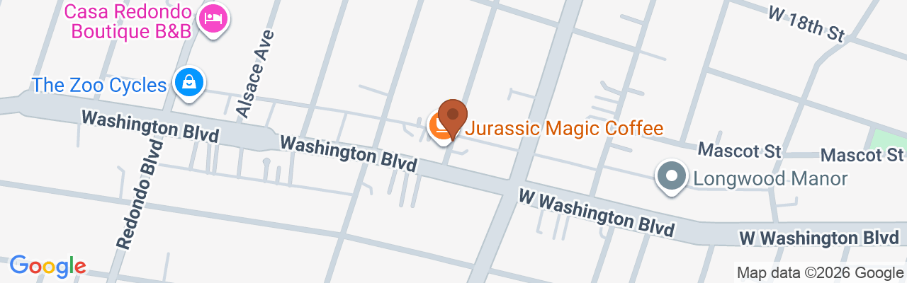 Map showing Jurassic Magic Mid-City at 1865 S Mansfield Ave, on the corner of Washington Blvd in Los Angeles