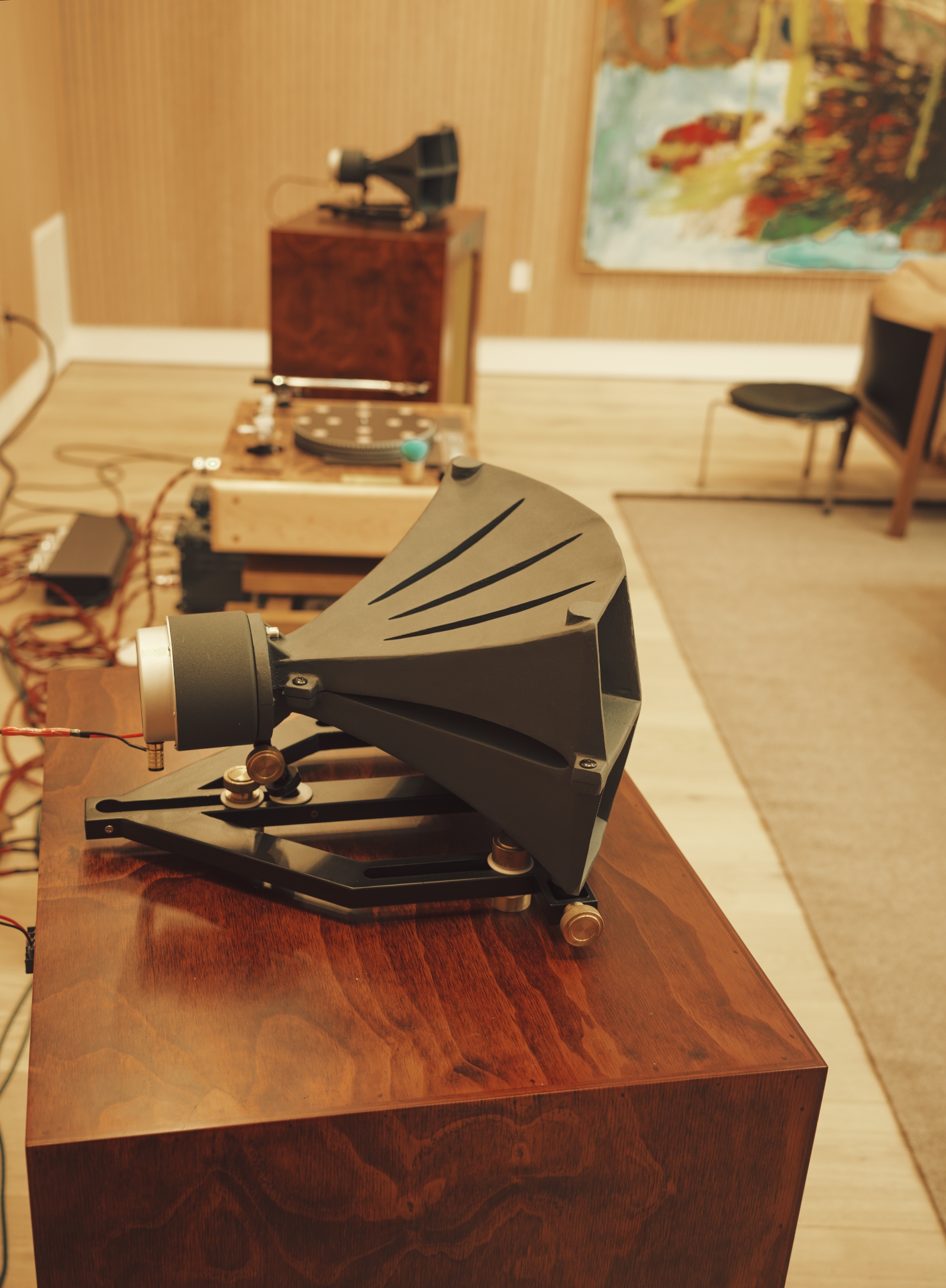 Analog speakers and vinyl playback system inside a Pasadena listening room.