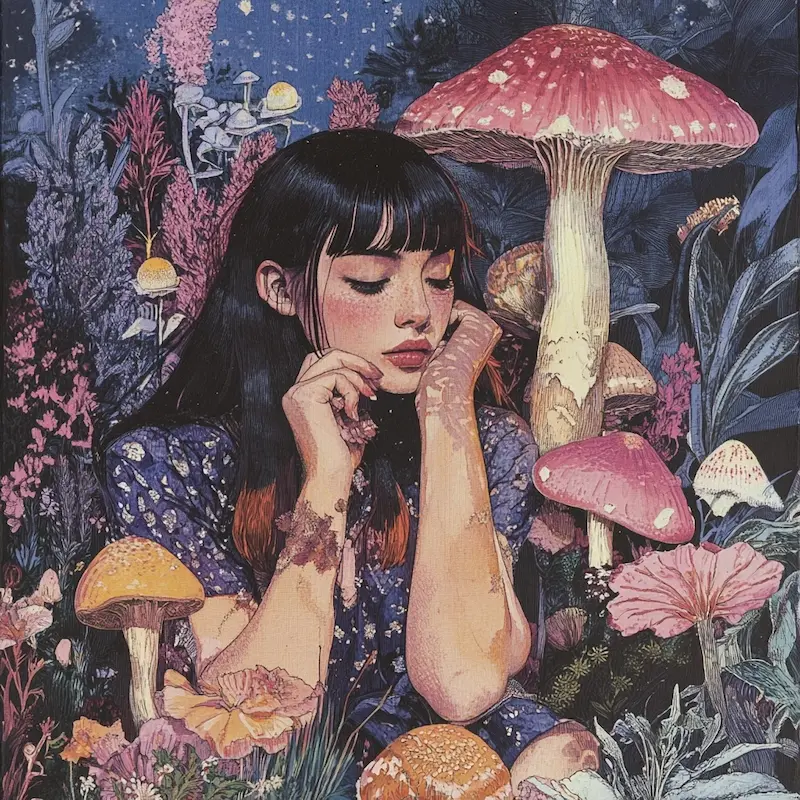 Illustrated portrait of a woman surrounded by pink mushrooms and flowers