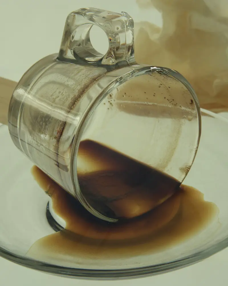 Glass mug tipped over with spilled coffee pooling on a plate