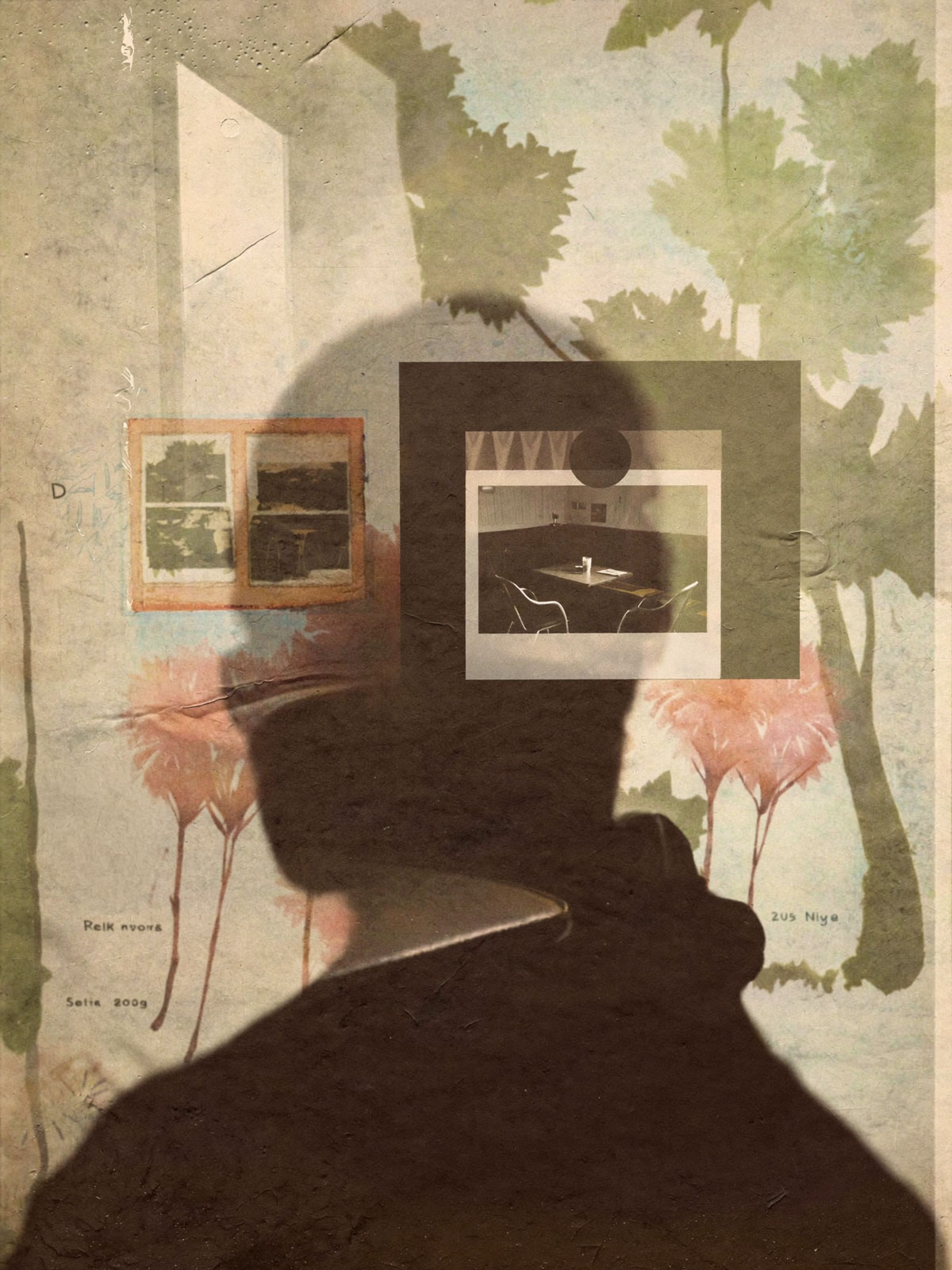 Collage illustration of a shadowed figure layered over trees and windows