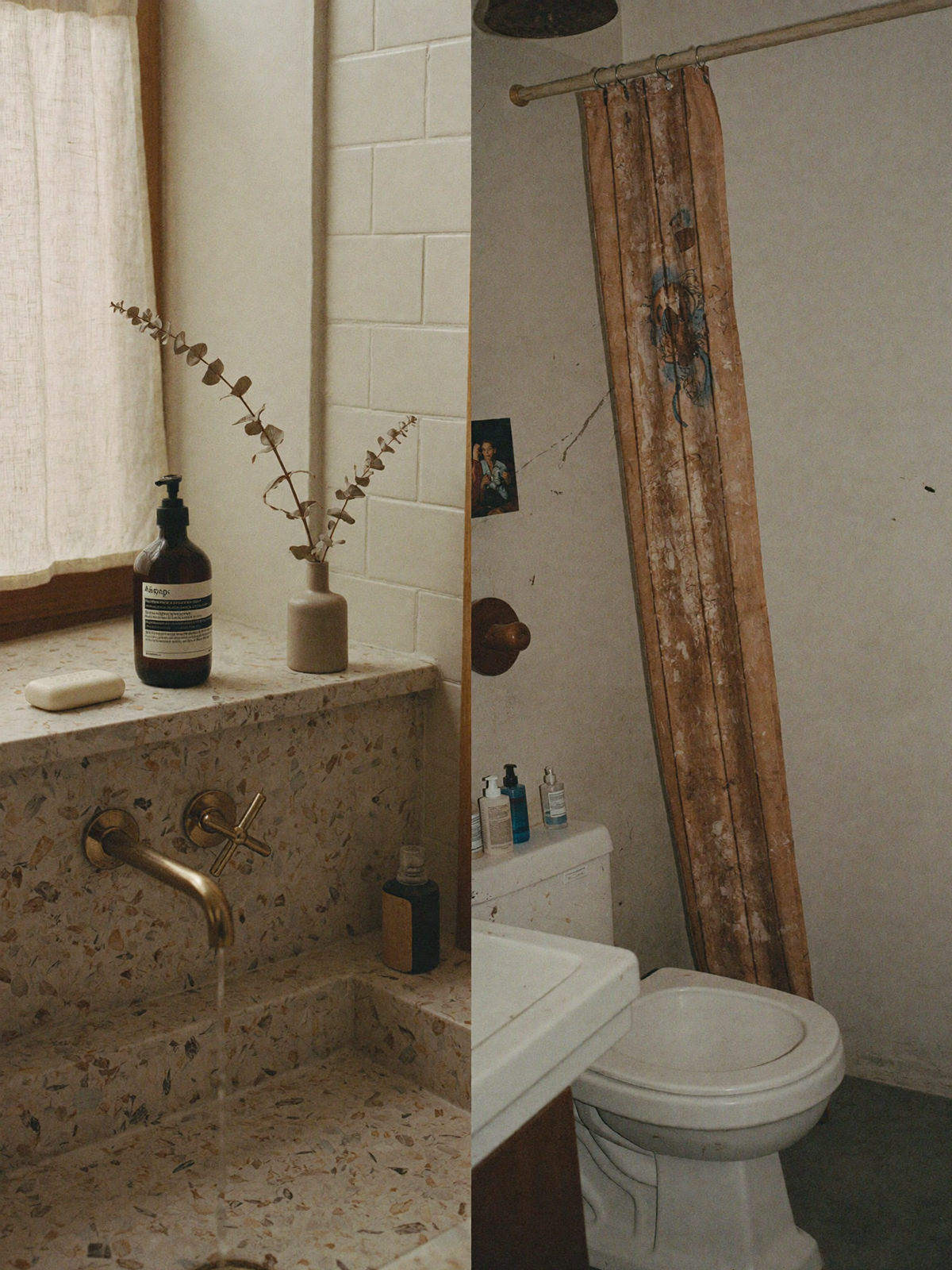 Split image of a terrazzo bathroom sink and a weathered shower curtain