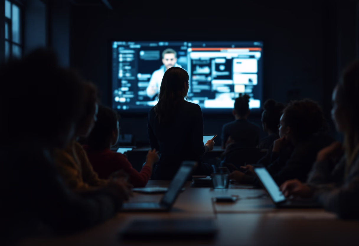 image of a teacher interacting with students using digital tools (for an edtech)