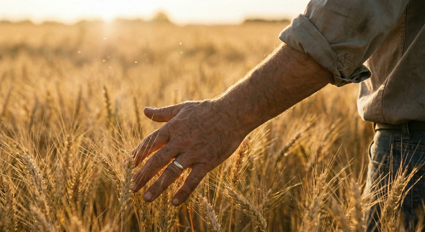 A farmer's hand gently touching golden wheat stalks in a sunlit field during sunset.