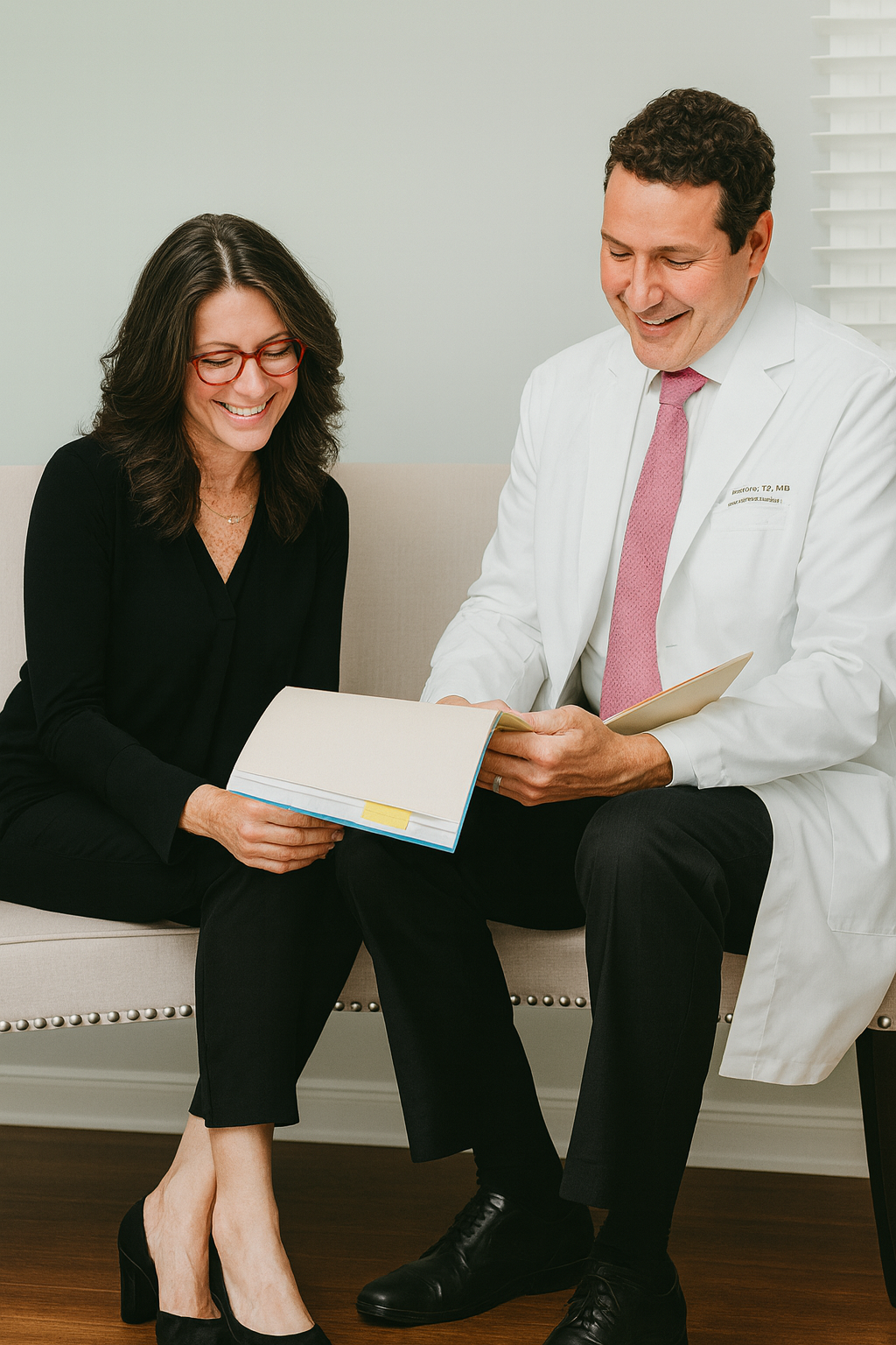 doctor in lab coat sitting with patient reviewing chart