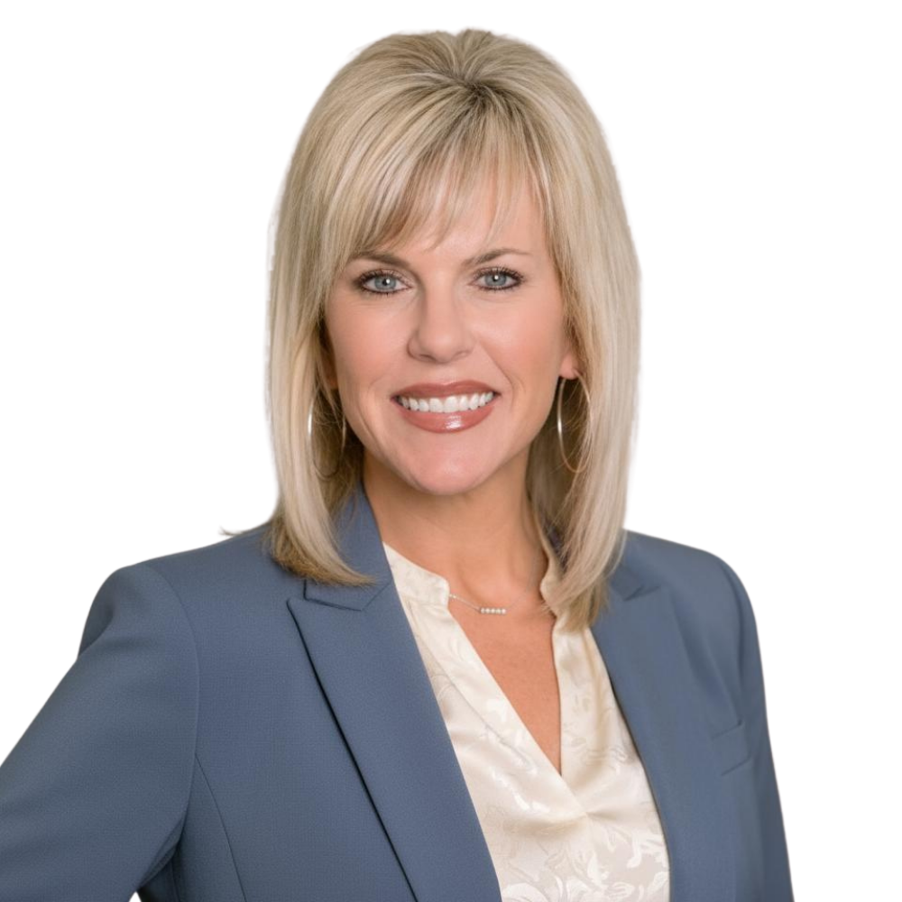 Smiling woman with blonde hair wearing a blue blazer and white blouse.