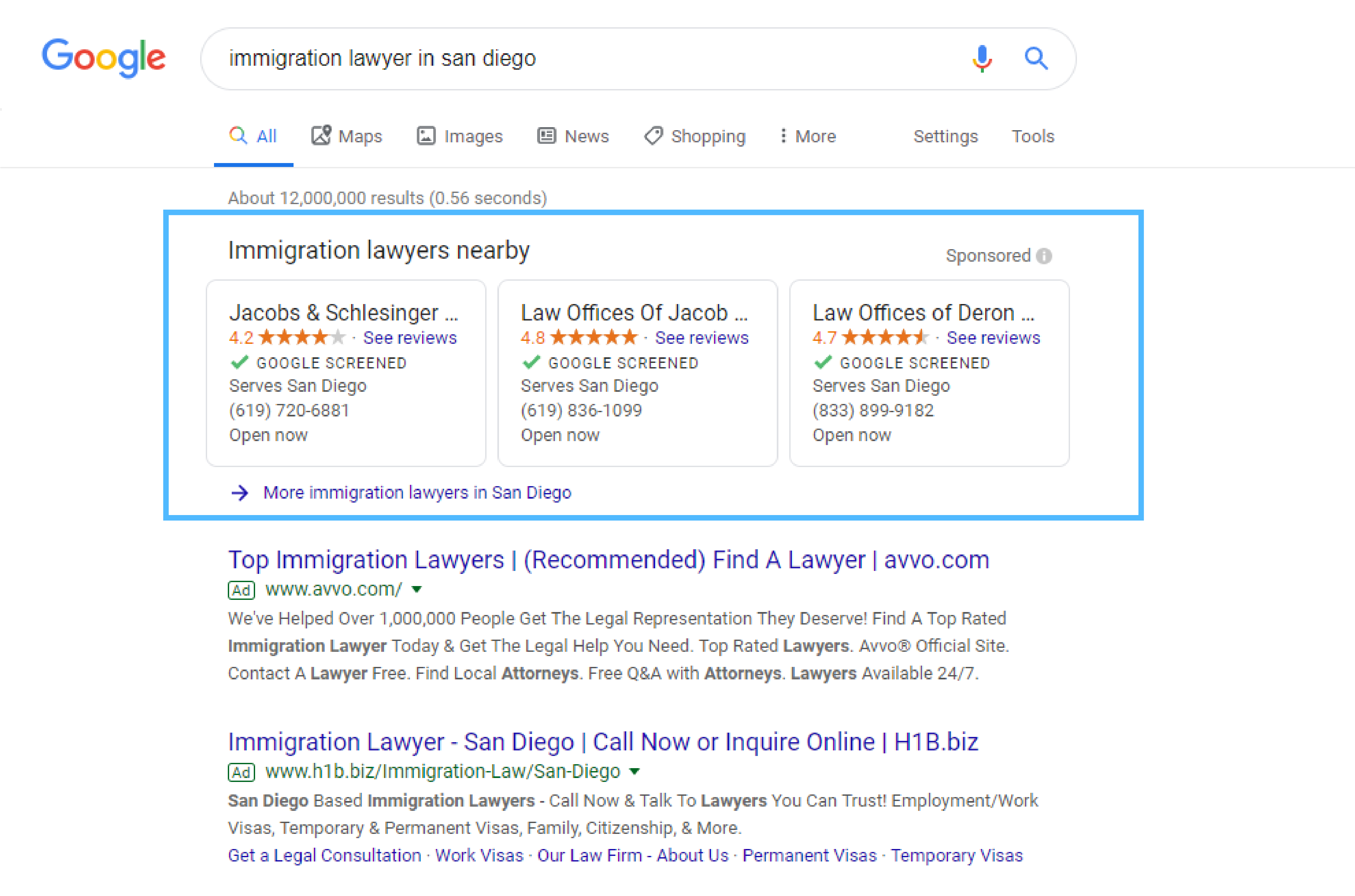 Google Search Page with Local Service Ads section highlighted