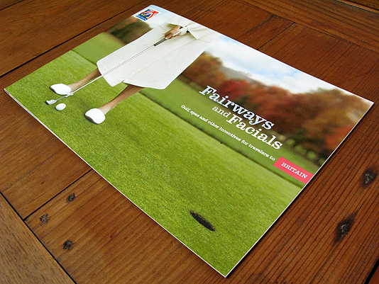 The front of a brochure titled "Fairways and Facials" with a photo of a person in a bathrobe and slippers playing golf