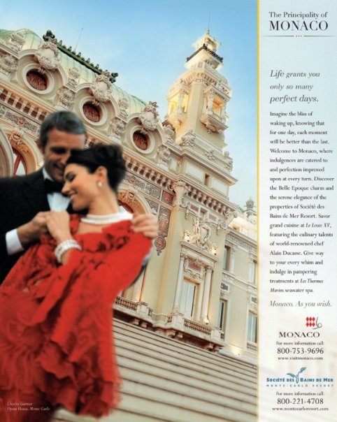 Advertisement with a photo of a romantic couple embracing on the steps in front of the Monaco Opera House