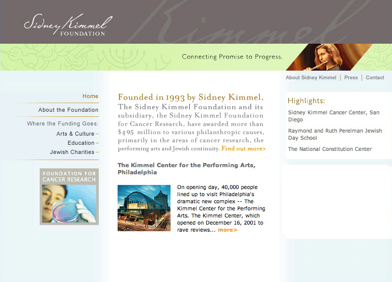 Homepage design for the Sidney Kimmel Foundation