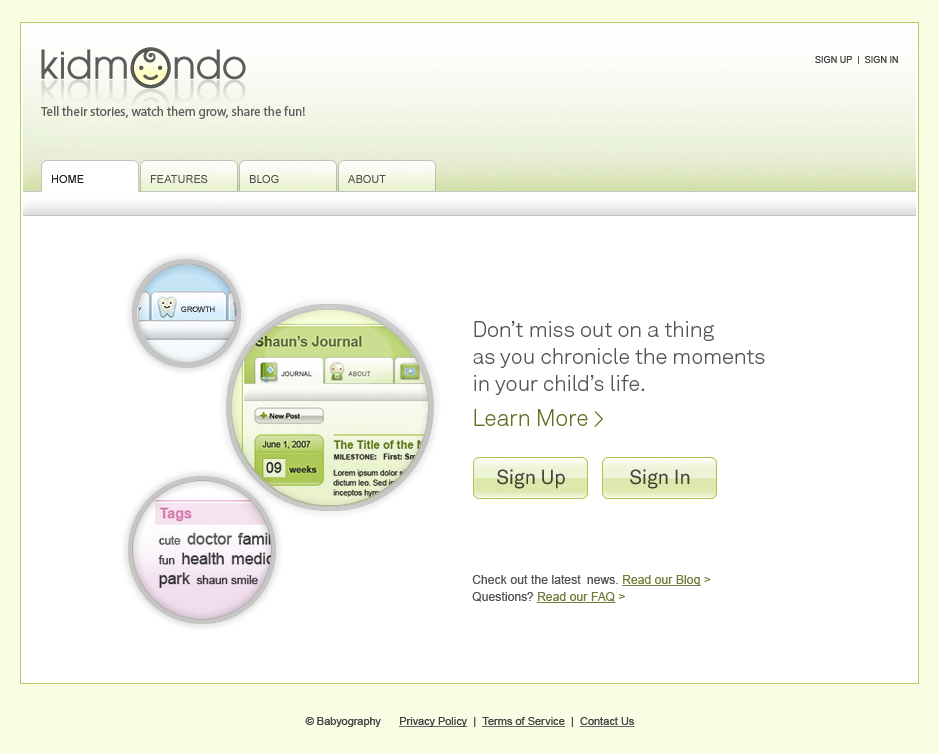 Website design for Kidmondo, a baby blogging CMS for new parents