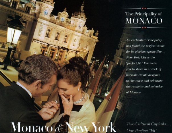 Advertisement with a man proposing to a woman in the evening with the Monaco Opera House lit up in the background
