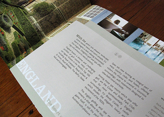 Inside spread of a brochure with introductory text about business hospitality in England