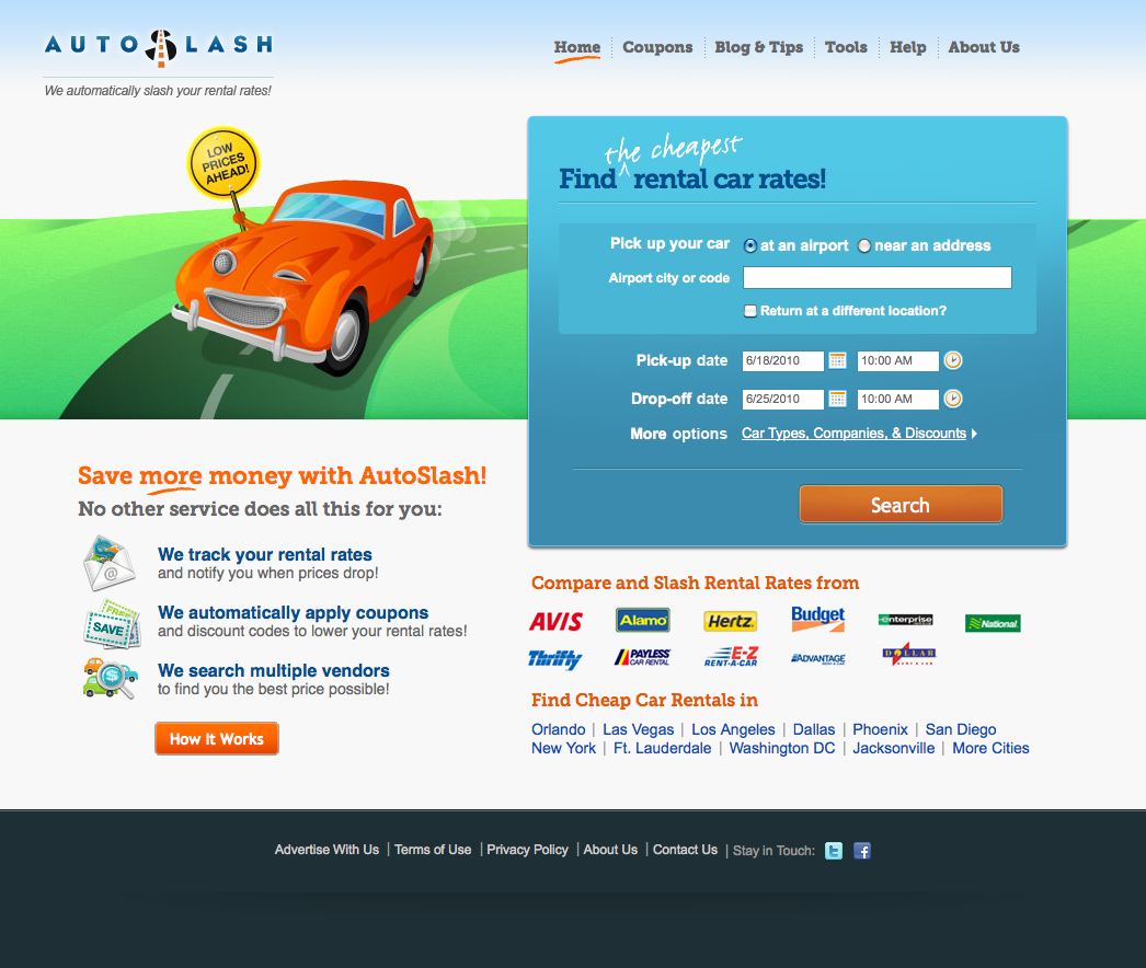 Website design for an early iteration of AutoSlash, a car rental pricing engine that tracks rentals looking for price drops