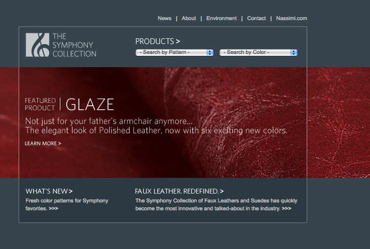 Website design for The Symphony Collection, a line of faux leathers catering to hospitality interior designers
