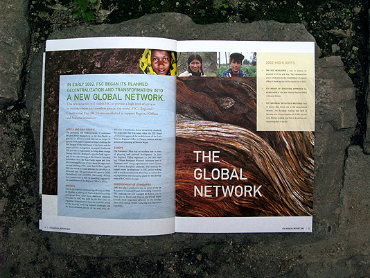 Interior spread of an annual report showing text superimposed on a background pattern of tree bark. The headline on the page says "The Global Network/ 