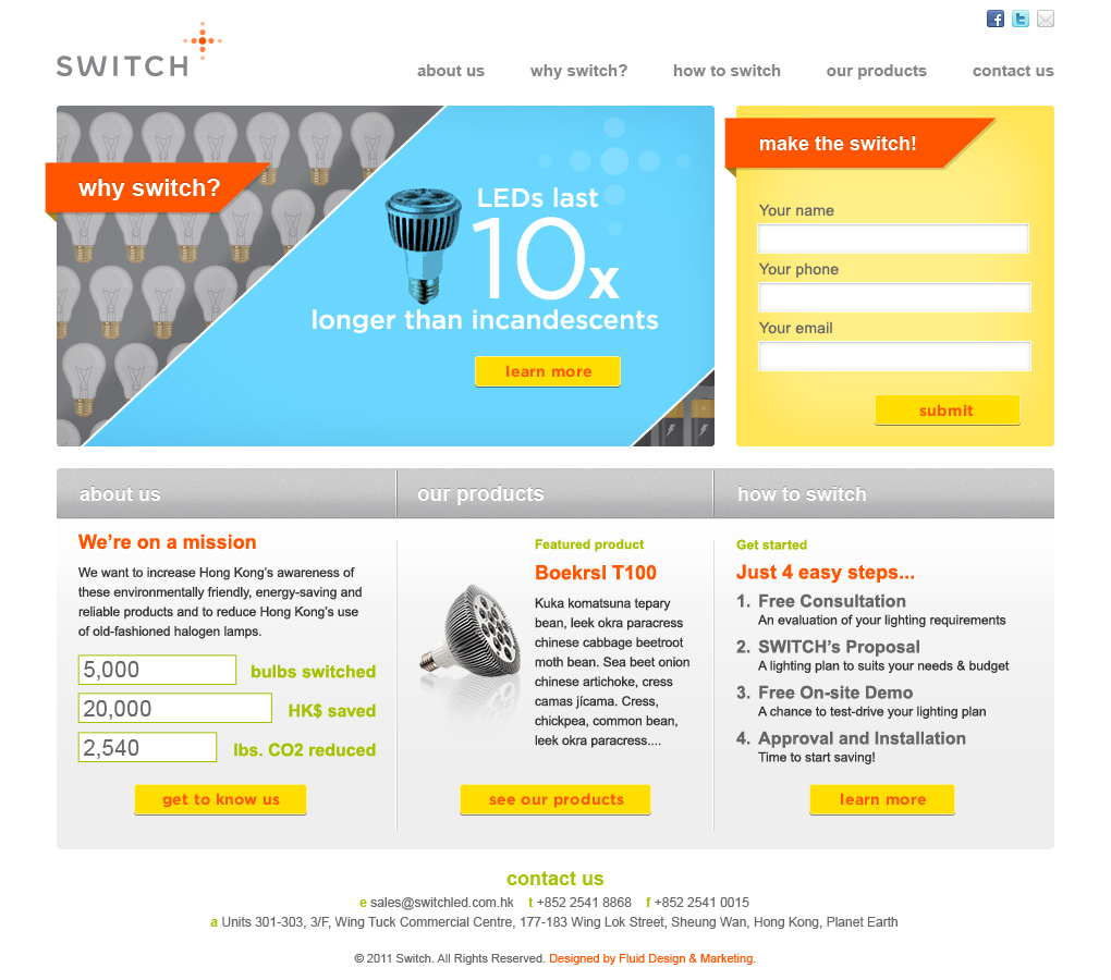 Website design for Switch, an LED lighting distributor