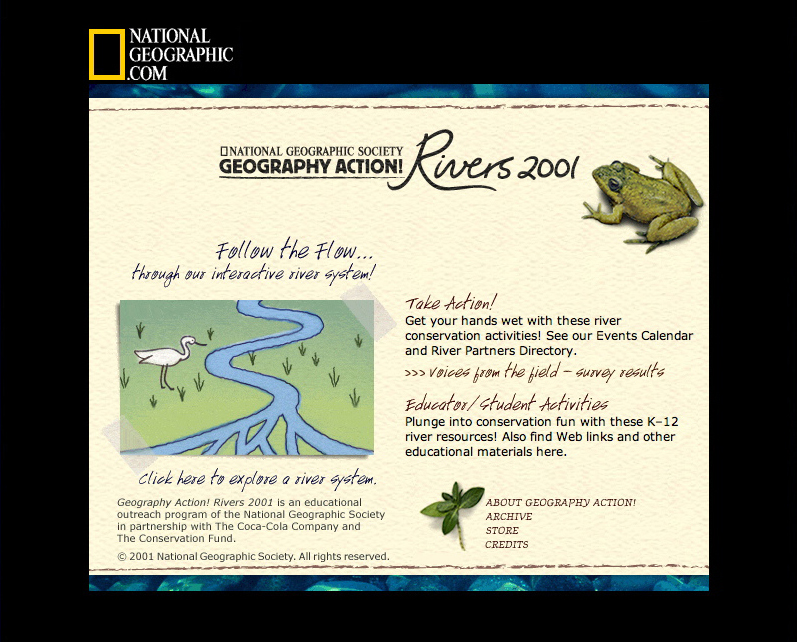 Geography education microsite for National Geographic designed in 2001. The website looks like it was hand painted on textured watercolor paper.