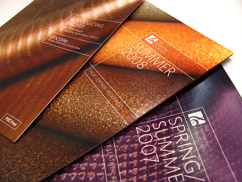 Set of three seasonal brochures featuring faux leather swatches from The Symphony Collection
