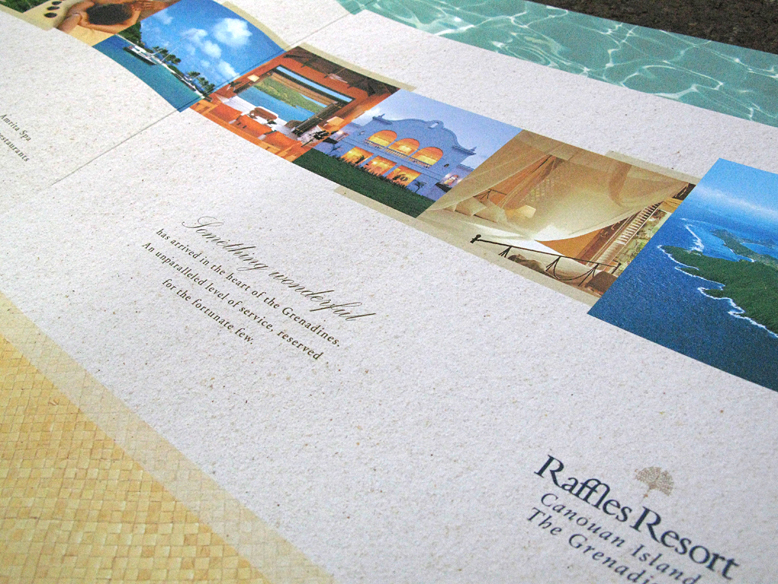 Raffles Resort Canuan Island press folder printed with 5 room and spa photos from the resort