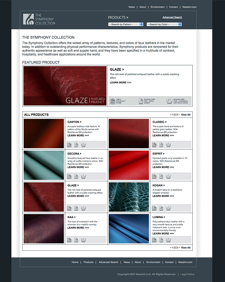 Website design for The Symphony Collection, a line of faux leathers catering to hospitality interior designers