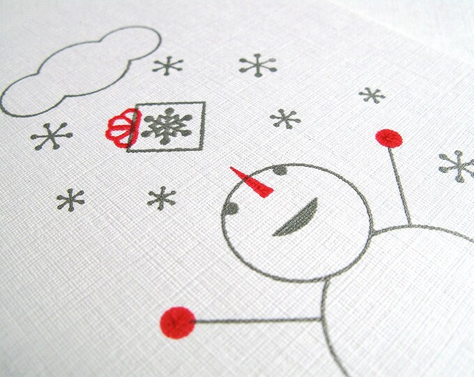 Riso printed with silver and red ink, a vector illustration of a snowman joyously catching snowflakes